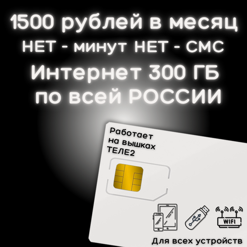 Изображение товара Сим карта интернет 1500 рублей в месяц по РФ 300 ГБ для любых устройств: телефон, модем, роутер, камера 4G LTE YAT2V2
