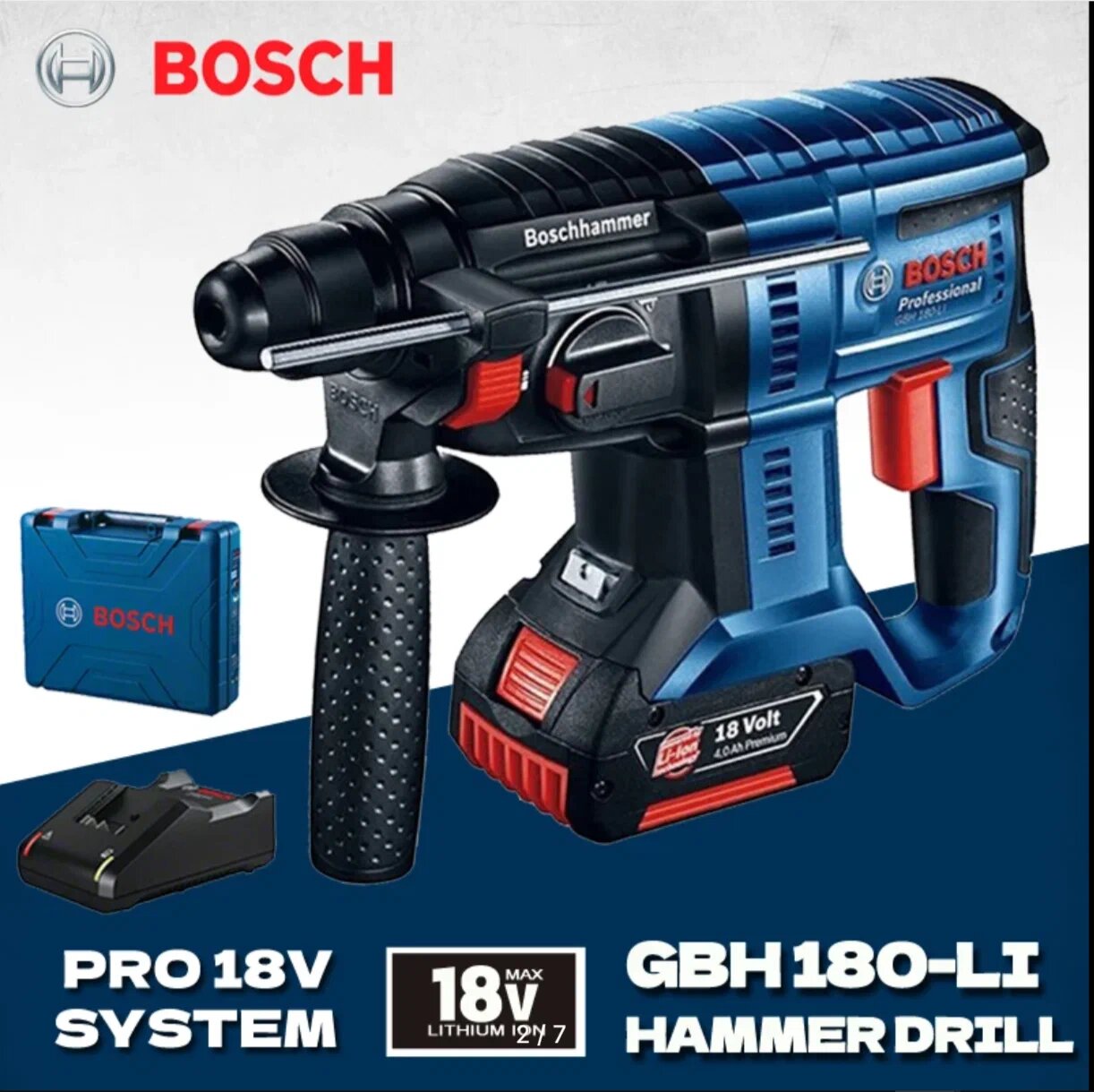 Комплект 4в1. Bosch Аккумуляторный бесщеточный перфоратор Bosch GBH 180-LI Кейс+ЗУ и АКБ 5.0 Aч