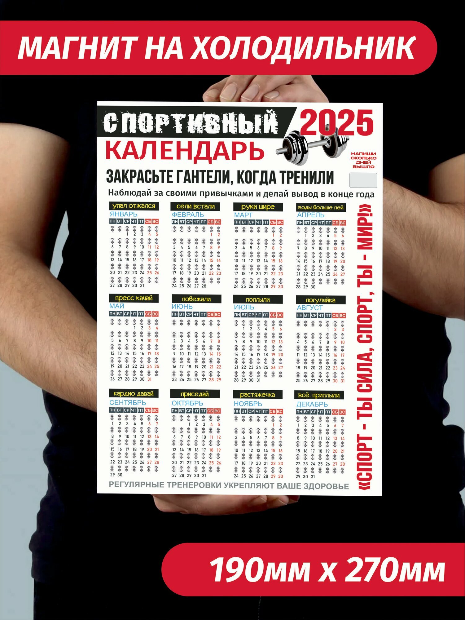 Календарь магнитный на холодильник Спортивный 2025 для фитнеса