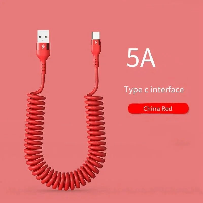 Кабель USB Type C 66 Вт 5A для быстрой зарядки, пружинное телескопическое автомобильное зарядное устройство для телефона, шнур для даты для Samsung Xiaomi Redmi Huawei, USB C кабель, Red, 1.5 м