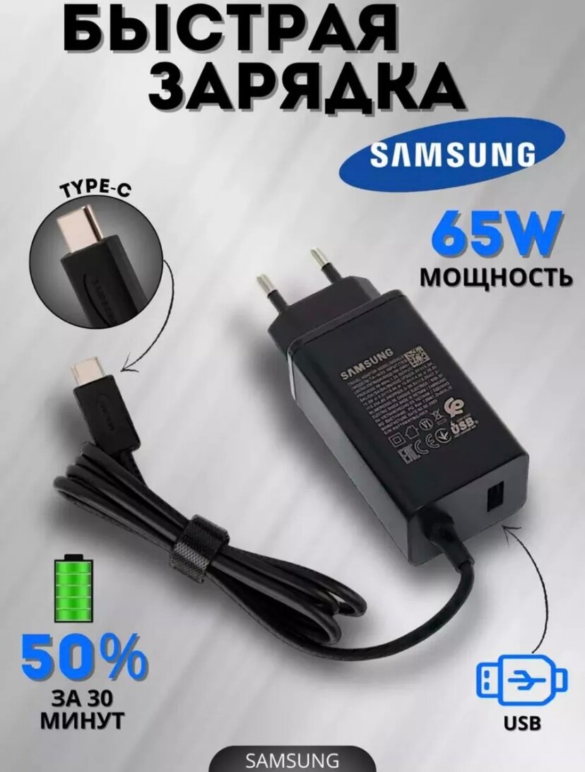 Зарядное устройство для Samsung 65W белое + USB-кабель Type-C — фото 1