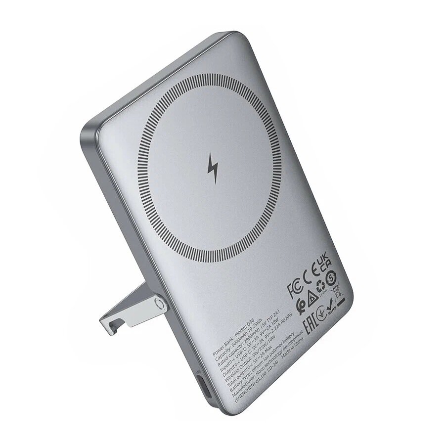 Внешний магнитный беспроводной аккумулятор Hoco Q36 Sunlight, 5000 mAh, MagSafe Qi10W/PD20W, с подставкой, metal grey — фото 1