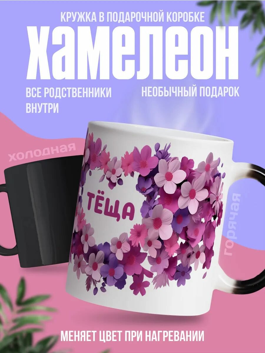 Кружка хамелеон с принтом и надписью, подарок на день рождения "Сердце из цветов - теща"