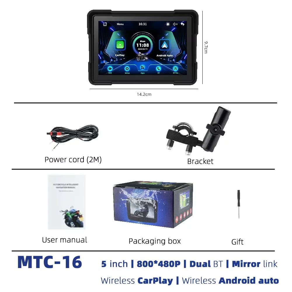 EKIY 5-дюймовый беспроводной CarPlay Moto портативный цифровой мотоцикл приборная панель GPS-навигация экран Android авто монитор BT5.0, Нет, Синий