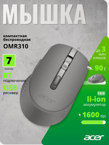 Изображение товара Мышь Acer OMR310 темно-серый оптич. 1600dpi беспров. BT/Radio USB 7but (ZL. MCECC.032)