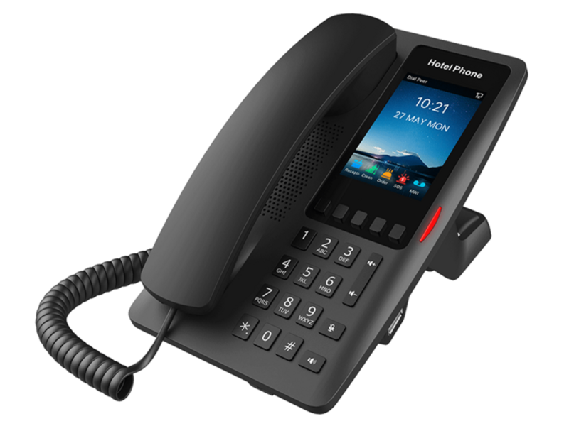 Отельный SIP-телефон Fanvil H6W, 2 SIP-акк, 3.5", 320x480 цвет. экран, POE, бп в комп, 1x100 Mbps, Wi-Fi 6, чёрный, 5 прог. клав.