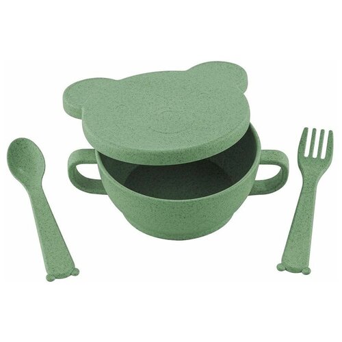 фото Набор детской эко посуды: миска с крышкой, ложка и вилка, цвет зелёный little angel