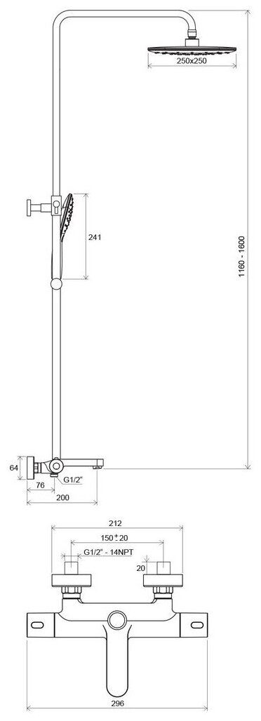 Termo X070098 Душевая система для ванны (1/2", двухзахватный, термостат) Ravak - фото №2