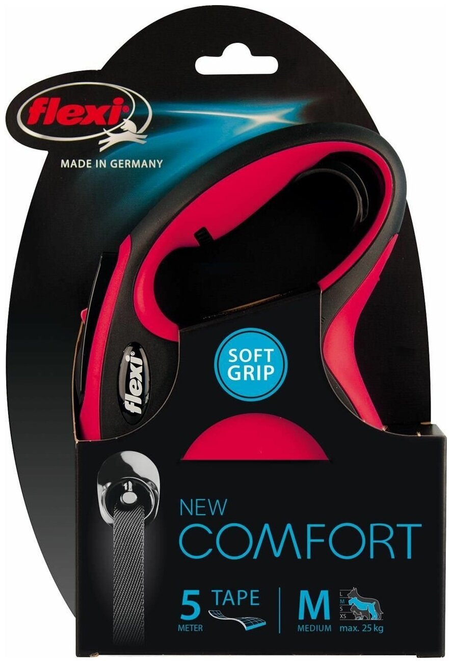 Flexi New Comfort M Tape 5м до 25кг поводок-рулетка ремень, красный