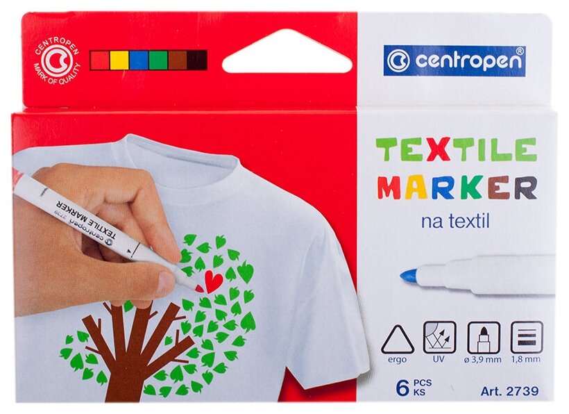 Маркеры для ткани 6 цветов CENTROPEN "Textile Marker", круглый наконечник, 1,8 мм, 2739/6, 5 2739 0610