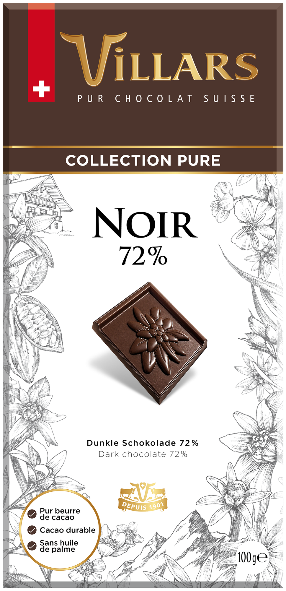 Горький шоколад VILLARS 72%какао, 100г