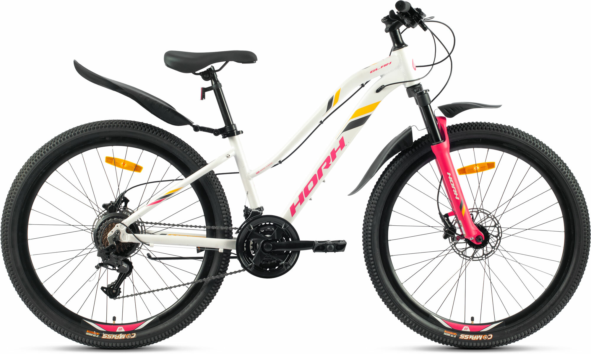 Велосипед горный HORH GLAN 26" (2023), хардтейл, взрослый, женский, для девочек, алюминиевая рама, 21 скорость, дисковые гидравлические тормоза, цвет White-Red-Black, белый/красный/черный цвет, размер рамы 13,5", для роста 150-160 см
