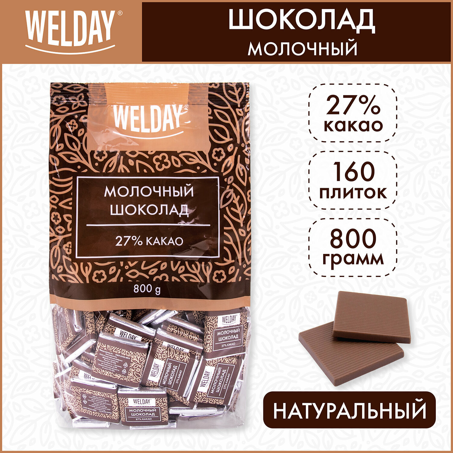 Шоколад порционный WELDAY "Молочный 27%", 800 г (160 плиток по 5 г), пакет