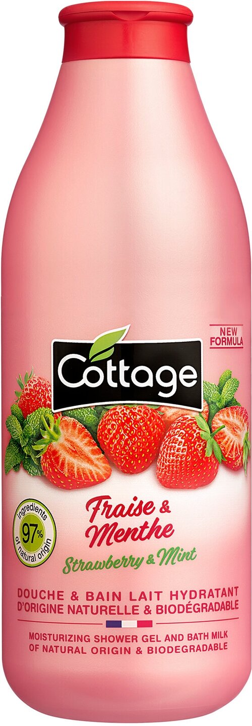 COTTAGE Гель для душа и пена для ванны 2 в 1 Moisturizing Shower Gel & Bath Milk Strawberry&Mint, 750 мл