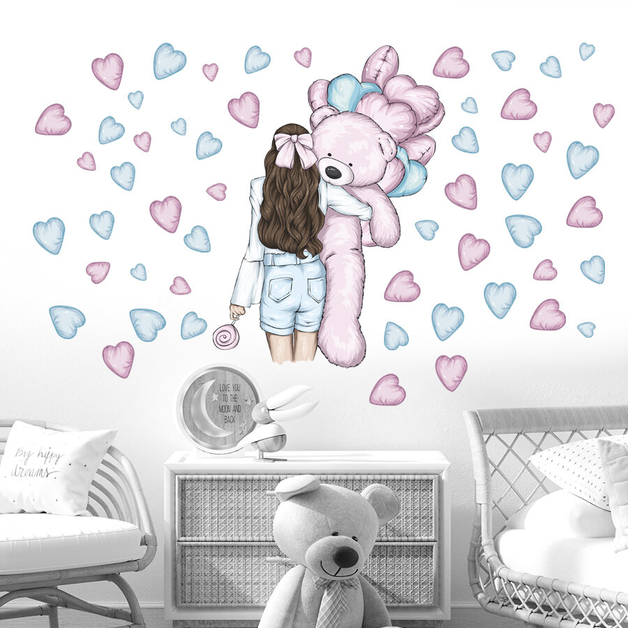 Декоративные интерьерные наклейки детские на стену в комнату - Девочка с мишкой, сердечки