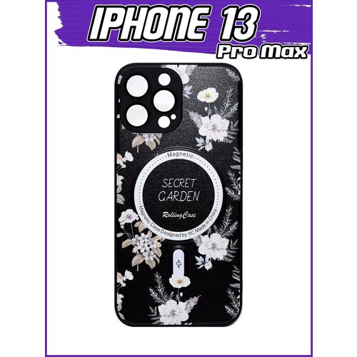 Чехол накладка для iPhone 13 Pro Max "Flowers" c Magsafe качественный силикон черный