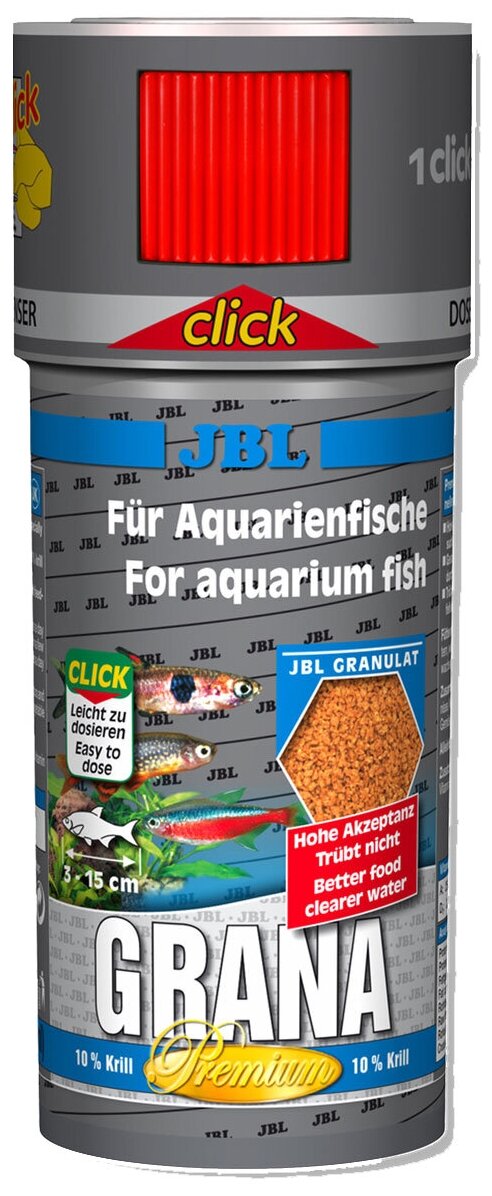 JBL Grana CLICK - Основной корм класса "премиум" гранулы, для небольших рыб, с дозатором, 100 мл - фотография № 1