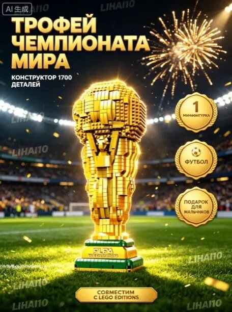 Конструктор "Официальный трофей чемпионата мира FIFA" 1700 детали, 1 минифигурка (Creator, Коллекционная модель кубка, футбол, совместим с lego Editions, лего совместимый, подарок для мальчиков)