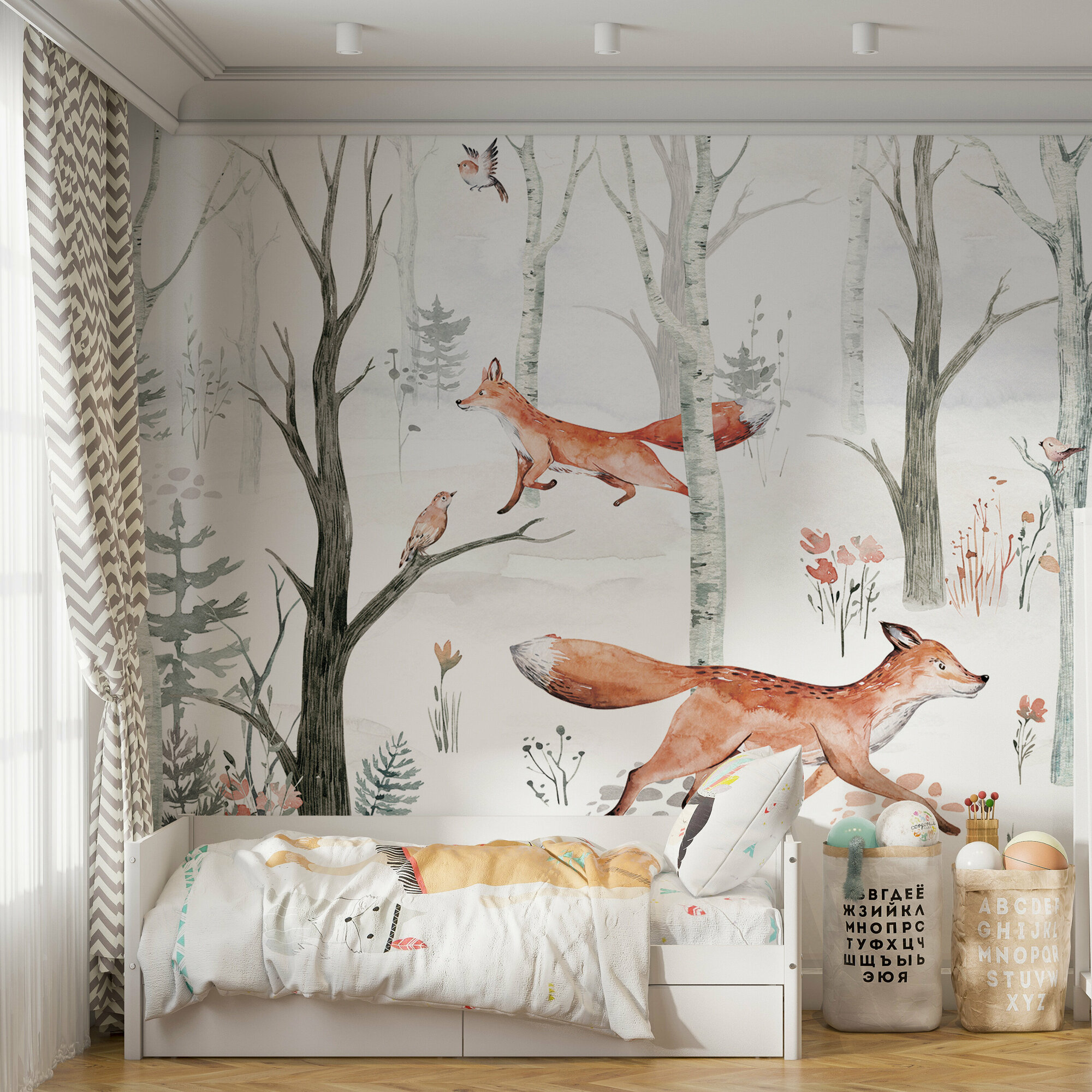 Фотообои детские на стену Обои флизелиновые "WFOREST FOX" 500х270 на кухню, в спальню, в коридор , в гостиную , в детскую, декор лес животные лиса 3d
