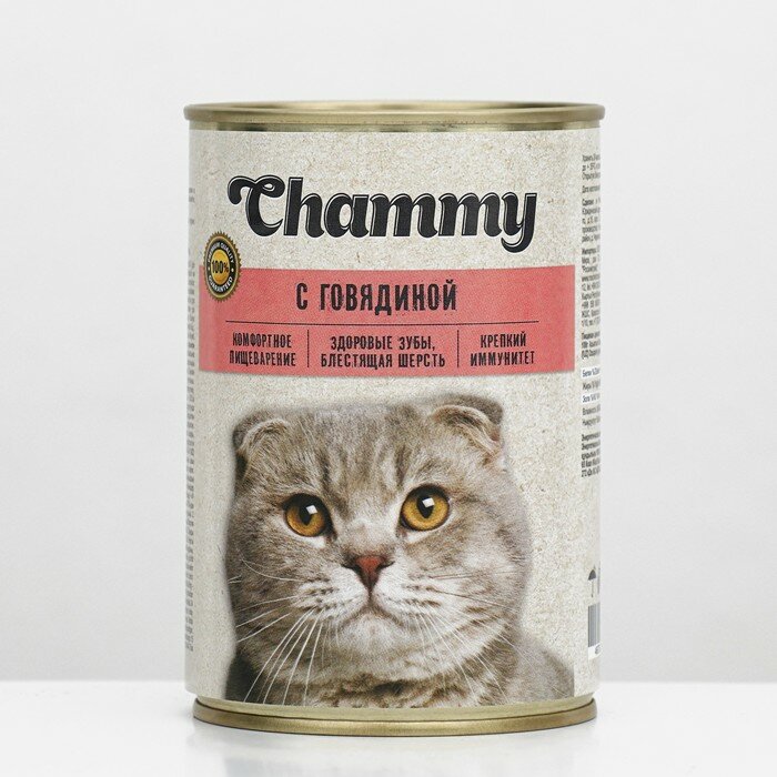 Влажный корм Chammy для кошек, говядина в соусе, ж/б, 415 г 4445707