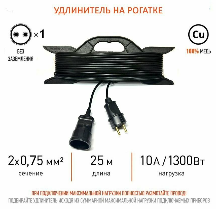 Силовой удлинитель на рамке ПВС 2х0,75 mm 25 Метров/ Со штепсельным гнездом/ Без заземления