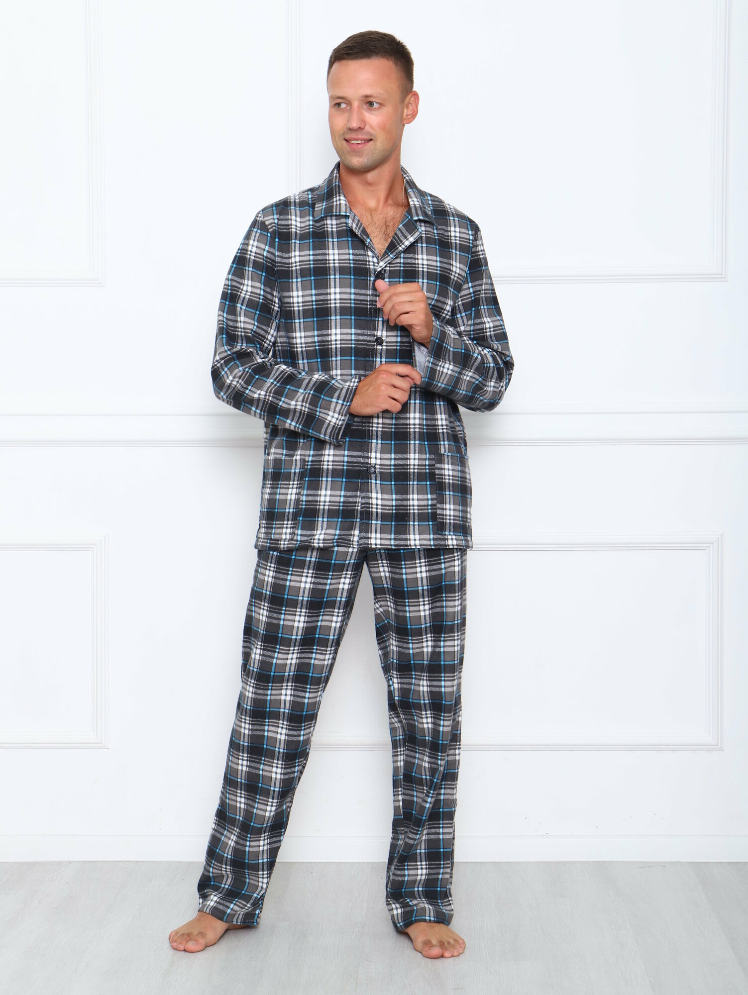 Пижама мужская в клетку из фланели,цвет серый-52 - фотография № 1