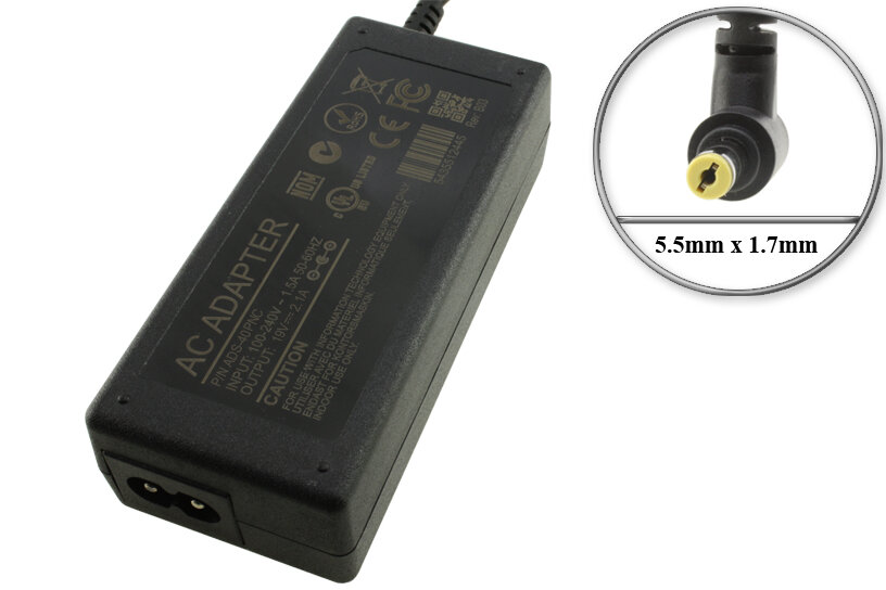 Адаптер (блок) питания 19V, 2.1A, 40W, 5.5mm x 1.7mm (ADS-40PNC, ADS-40SG-19-3), для ноутбука Acer; монитора Acer, Packard Bell, ViewSonic и др.