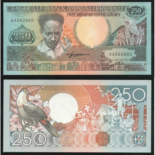 Суринам 250 Гульденов 1988 год UNC P# 134 суринам 5 10 20 50 100 гульденов 2012 2020 гг природа unc