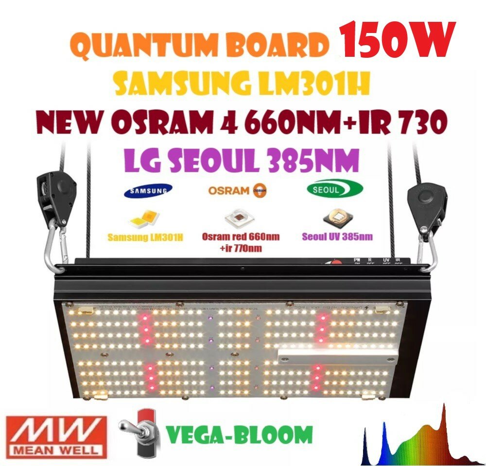 Samsung LM301H Quantum board 150w New Osram 4 +IR+LG UV Фитолампа гроубоксов Квантум борд 120.