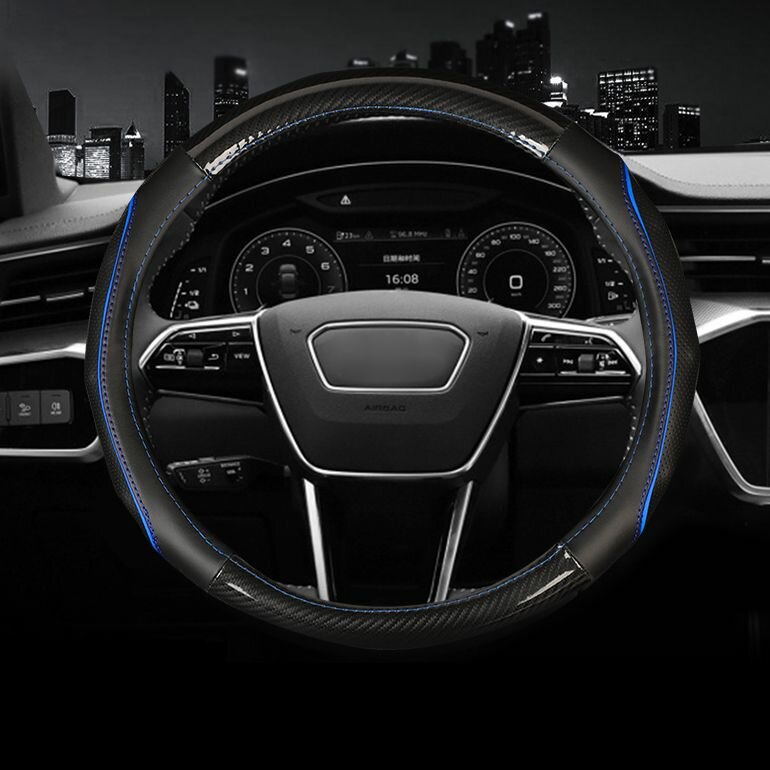 Оплетка на руль Ленд Ровер Рендж Ровер Спорт (2022 - 2024) внедорожник 5 дверей / Land Rover Range Rover Sport, искусственная кожа (высокого качества) и карбон, Черный с синим
