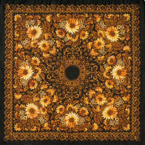 фото Платок павловопосадская платочная мануфактура,125х125 см, черный, оранжевый