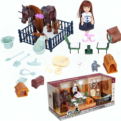 Игровой набор кукла 14,5 см с аксессуарами с лошадкой, собачкой и кошкой, 686-830