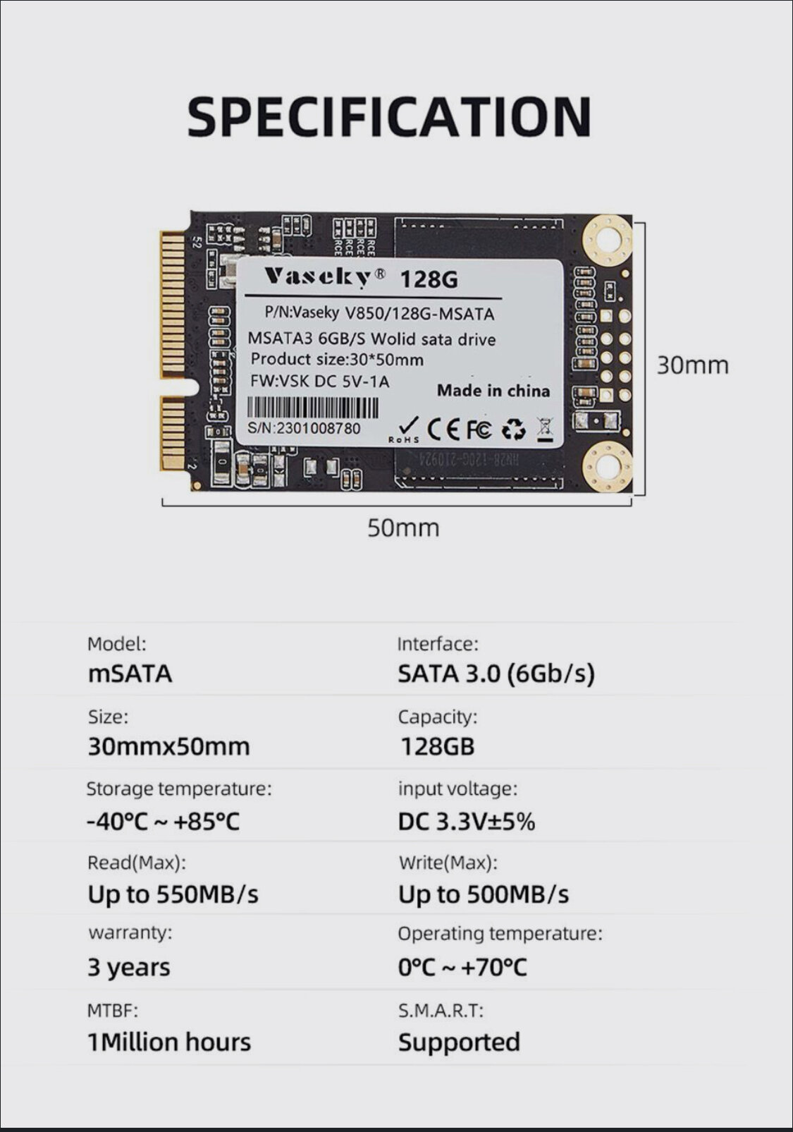 128 ГБ Внутренний SSD-диск VASEKY V850 (V850-128GB)