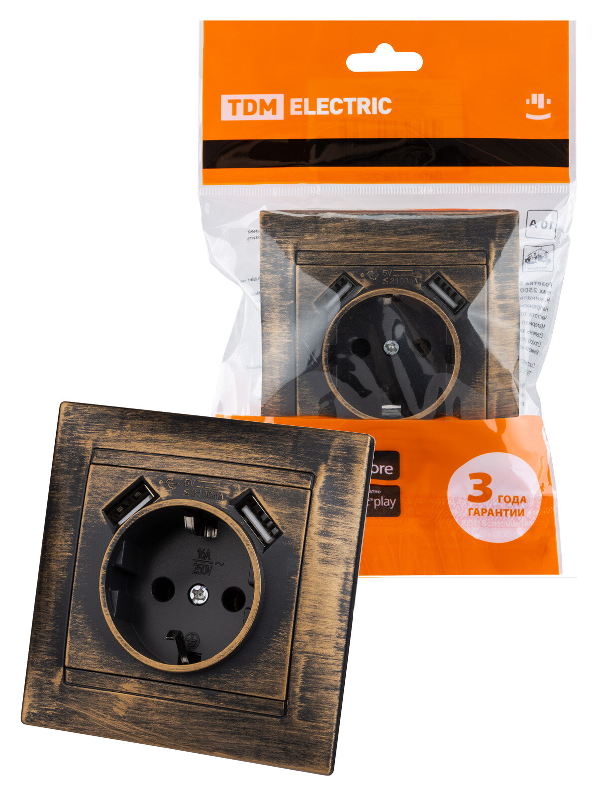 Розетка 2P+PE/2хUSB TDM Electric - фото №1