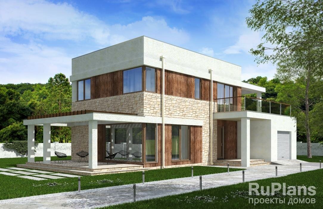 Проект двухэтажного жилого дома с гаражом и террасами (150 м2, 10м x 14м) Rg5136