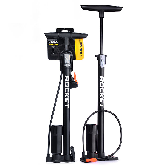 фото Насос велосипедный ручной Rocket, Т-образная ручка, монометр, AV/FV