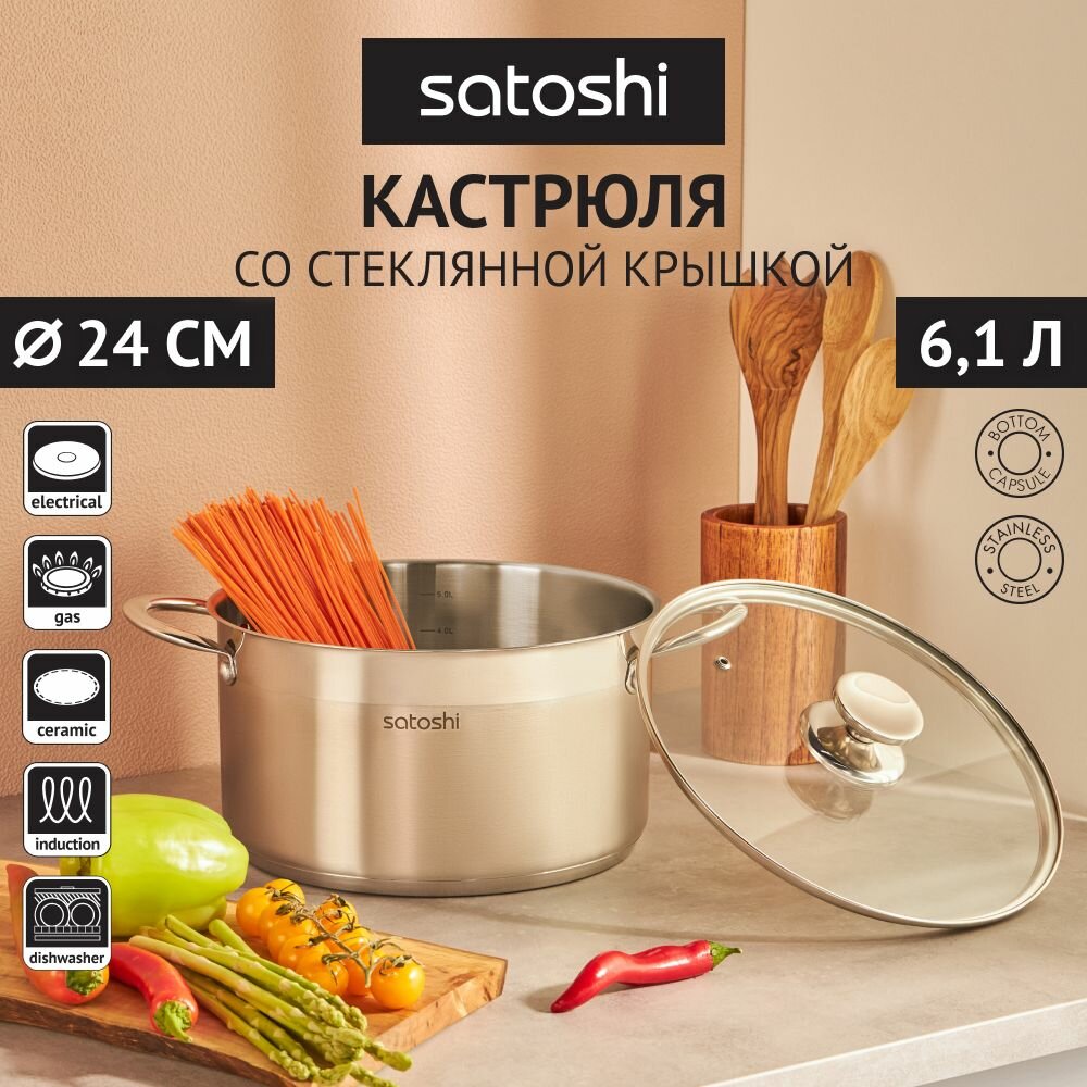 фото SATOSHI Асти Кастрюля 16х9,5см. 1,9л. со стекл. крышкой, индукция