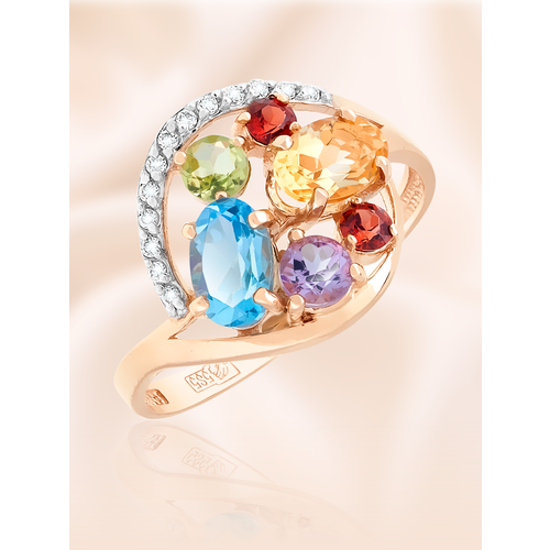 Перстень Магия Золота, красное золото, 585 проба, родирование, гранат, фианит, цитрин, топаз, хризолит, аметист, размер 17, ширина 14 мм, голубой, красный