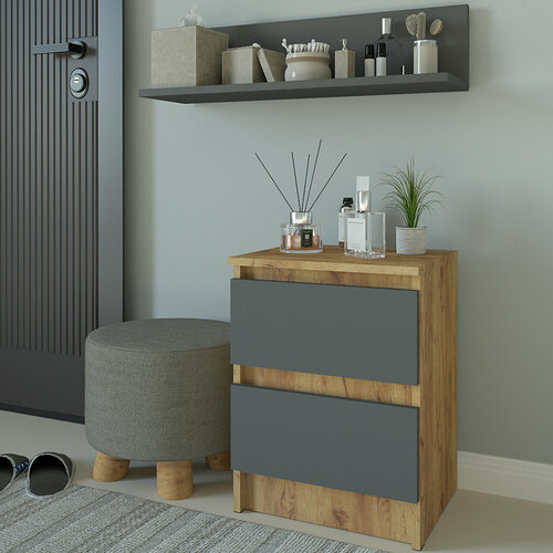 Тумба прикроватная 2 ящика дуб крафт золотой с фасадами графит 54х40х35см