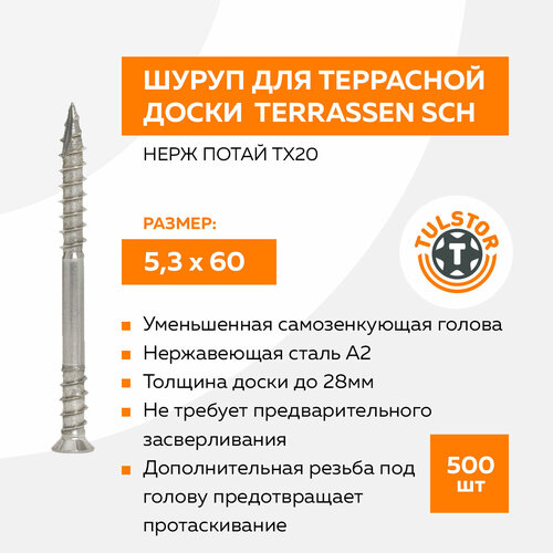 Саморез для крепления террасной доски 5,3х60 Terrassen SCH нержавеющая сталь А2 потай TX20 упак 500шт.