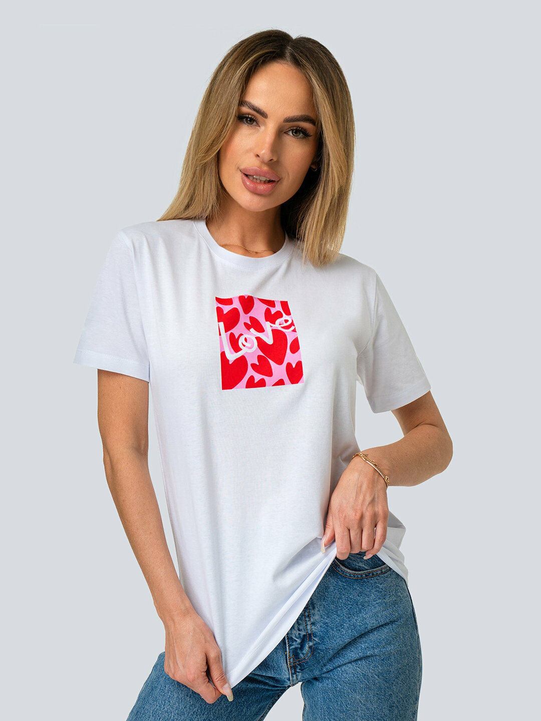 Футболка женская с принтом хлопковая HappyFox HF9111A love.белый 48