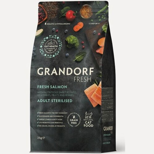 Изображение товара Корм сухой Grandorf Fresh , беззерновой с живыми пробиотиками, свежее филе лосося с бататом для стерилизованных кошек, 2 кг