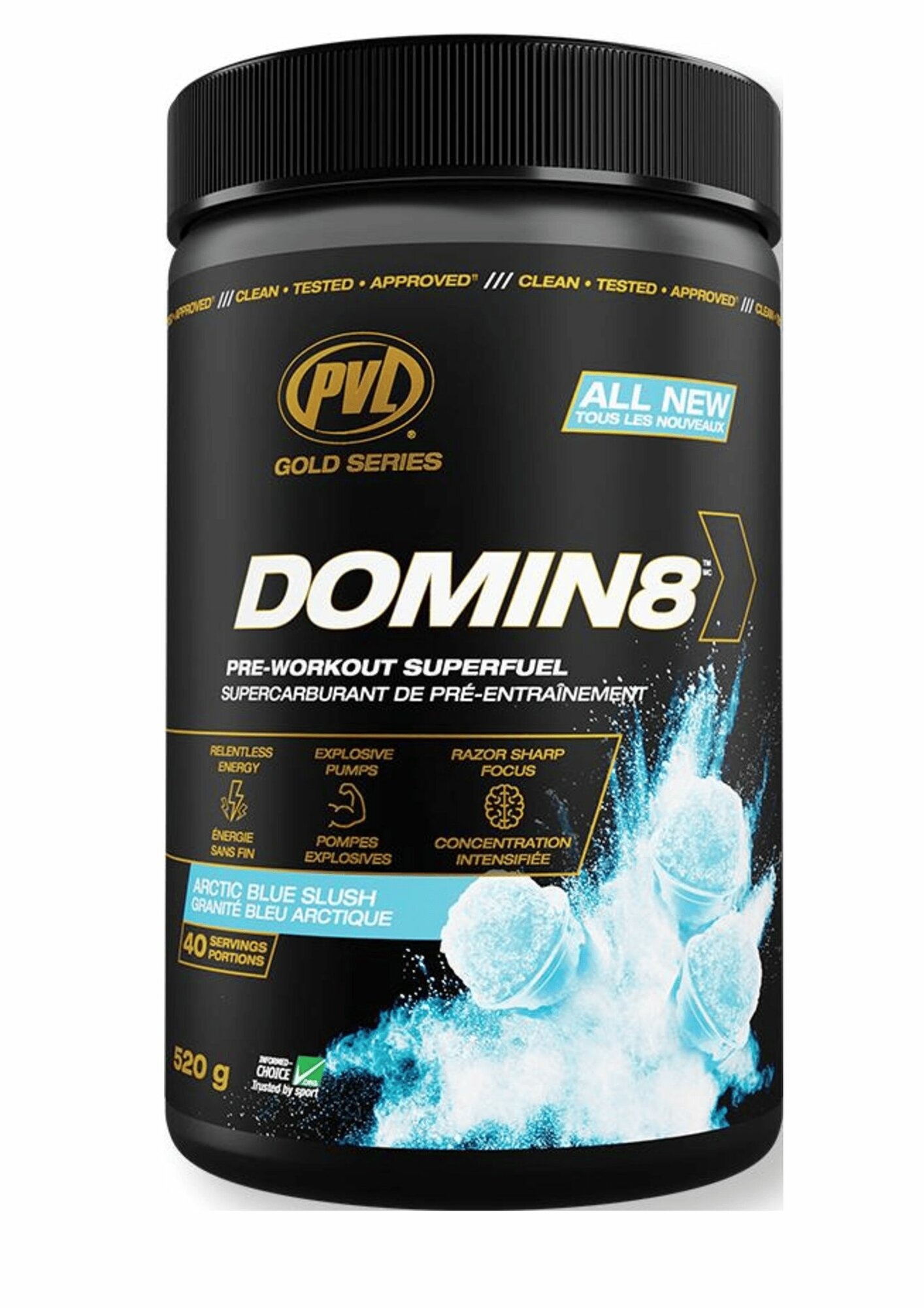 Предтренировочный комплекс PVL DOMIN8 со вкусом Голубой арктический взрыв 520 гр