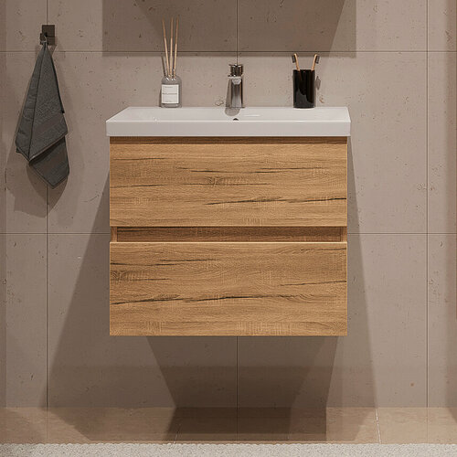 Изображение товара Тумба подвесная SanStar Lavanti 50 с раковиной Moduo 50 (комплект) для ванной комнаты Дуб вотан