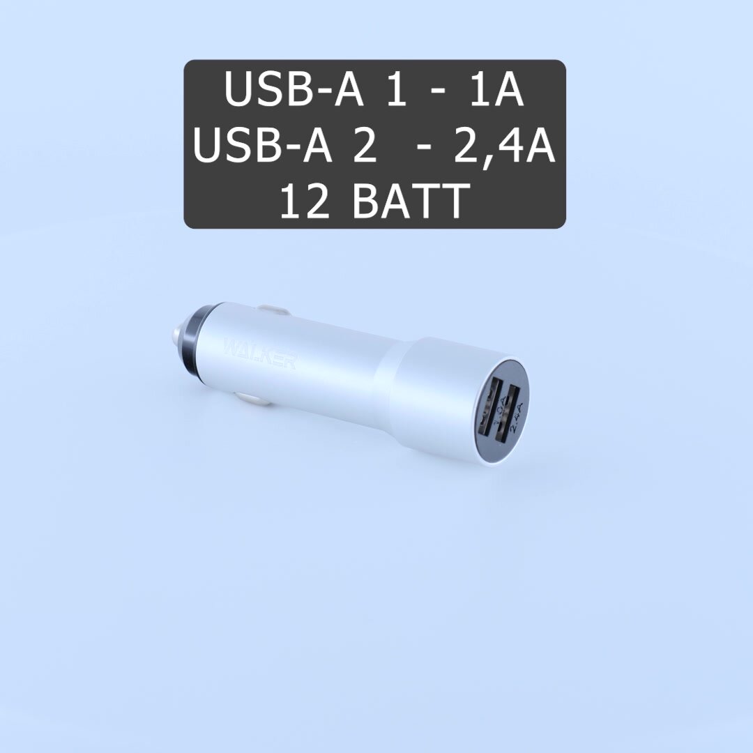 Зарядка в прикуриватель, WALКЕR, WCR-22, 12Вт, удлиненный корпус, 2 USB, 2.4А, зарядка в машину, зарядка для айфона, адаптер питания, серый — фото 1