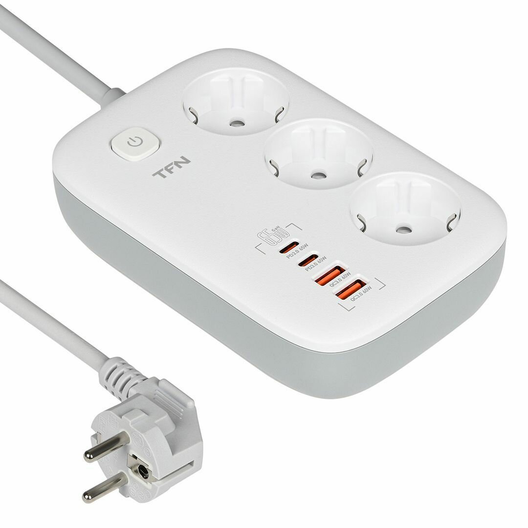 Сетевой фильтр TFN POWER1 TFN-POWER1WH, с USB, 3 розетки, заземление
