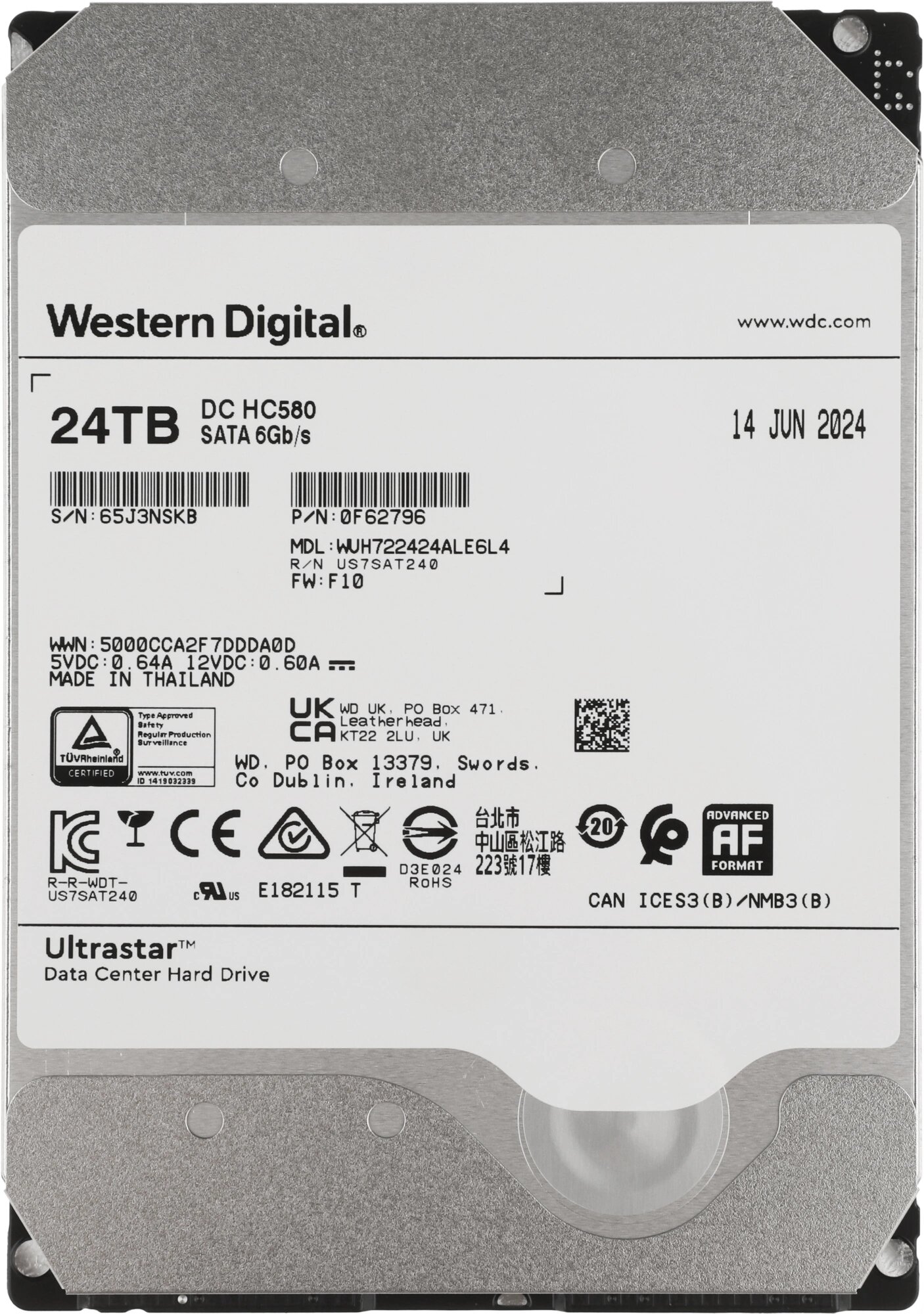 Жесткий диск WD SATA-III 24TB WUH722424ALE6L4 Server Ultrastar DC HC580 (7200rpm) 512Mb 3.5"