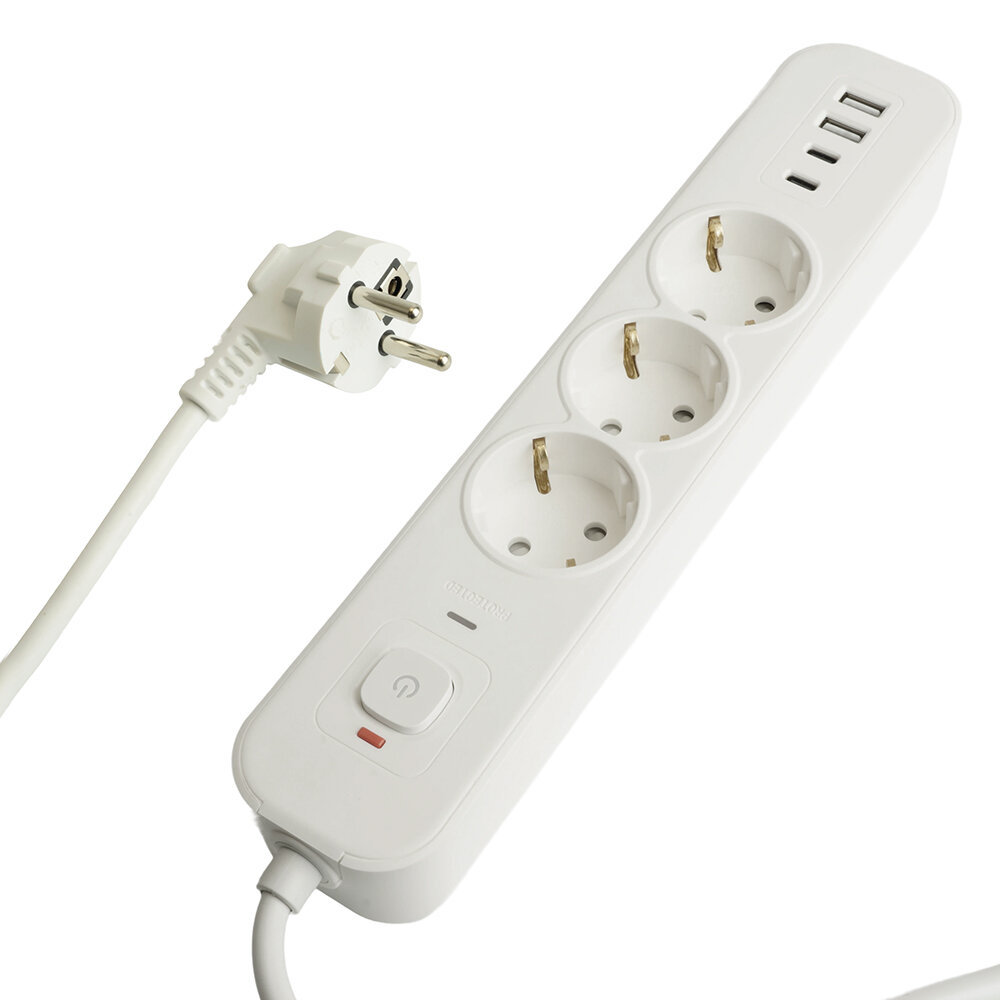 Сетевой фильтр 3-местный с/з STEKKER 3x1мм2, 3 м, 250В, 16А, 2 USB-A+2 Type-C 3, серия Nova, белый
