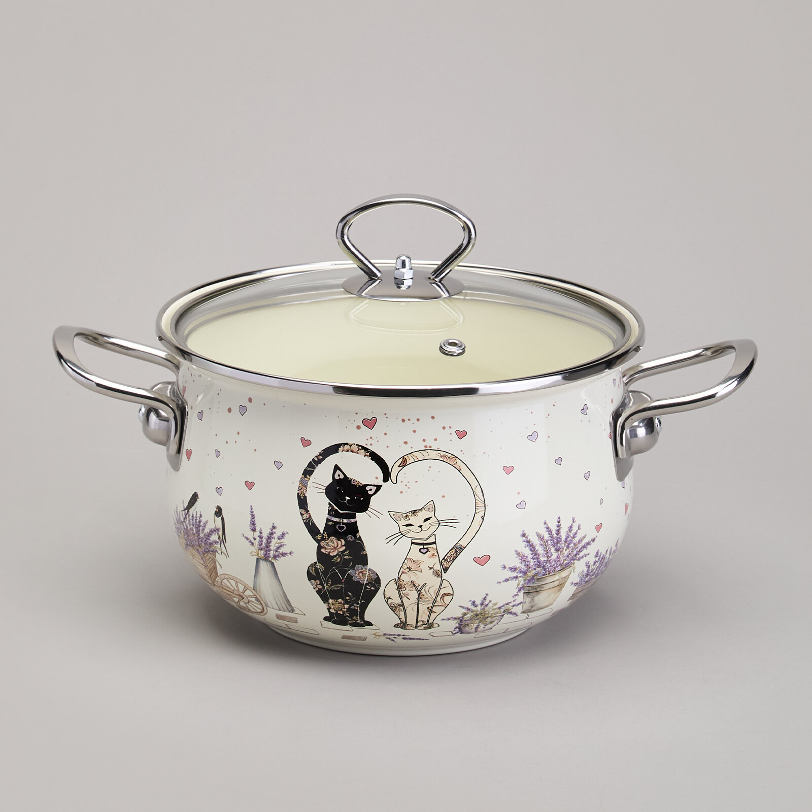 Кастрюля эмалированная с крышкой 943-077 agness серия lavander cats, 2,8 л