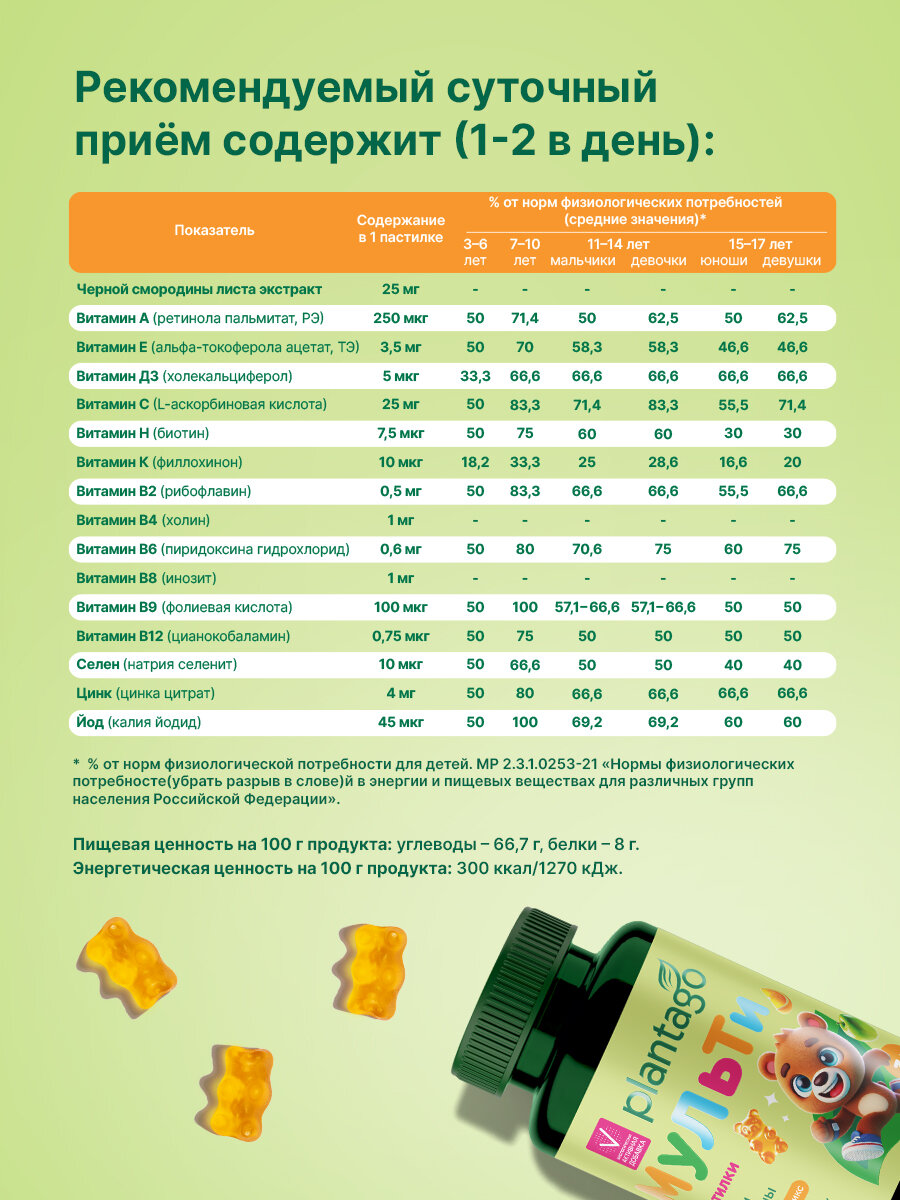 Картинки Жевательные мишки "Фруктовый микс" Plantago, для детей, 60 шт